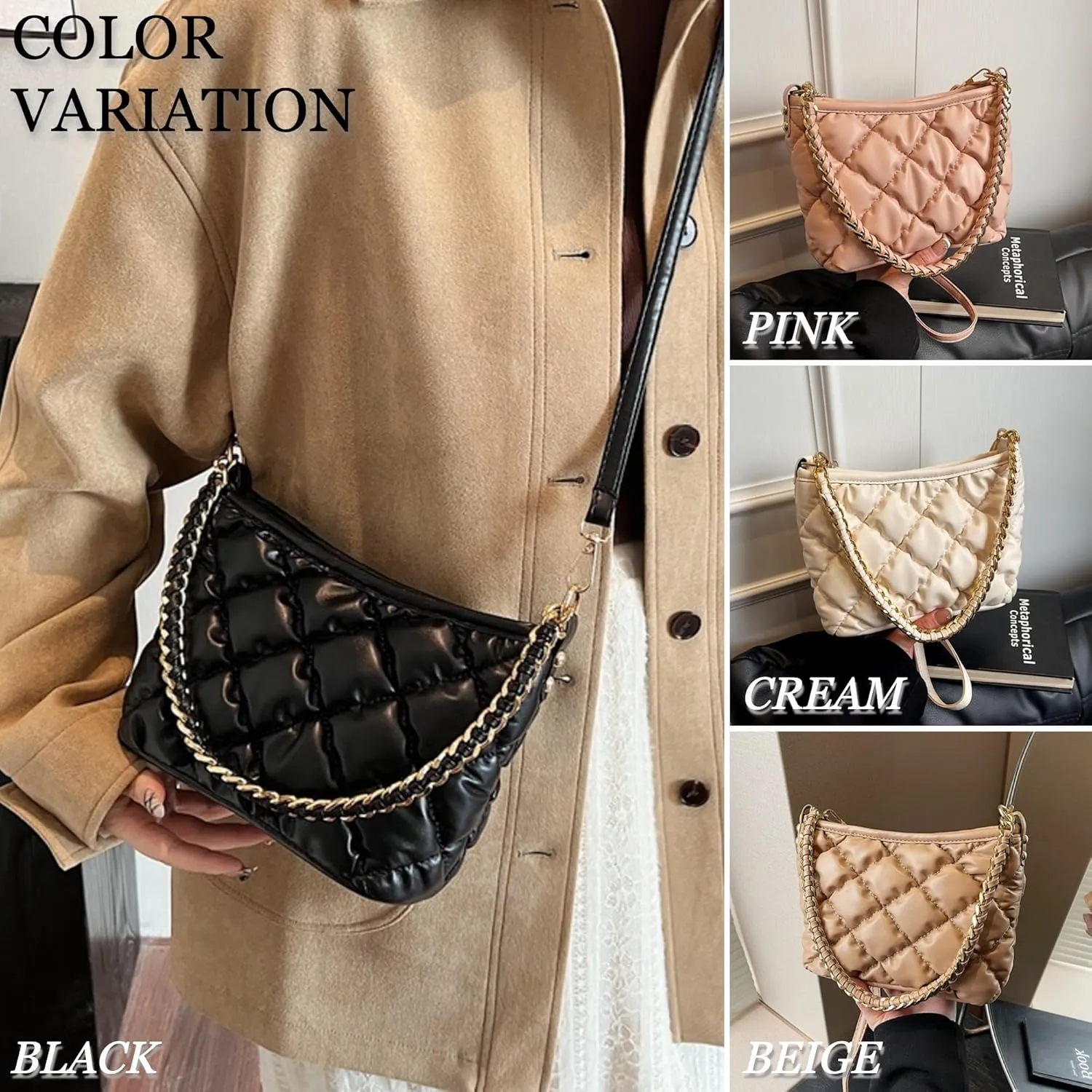 Quilted Tote Puffer PU Leather Crossbody Gold Metal Chain Strap Handbag, Underarm Lightweight Soft Hobo Large Top Handle Bag