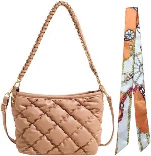 Quilted Tote Puffer PU Leather Crossbody Gold Metal Chain Strap Handbag, Underarm Lightweight Soft Hobo Large Top Handle Bag