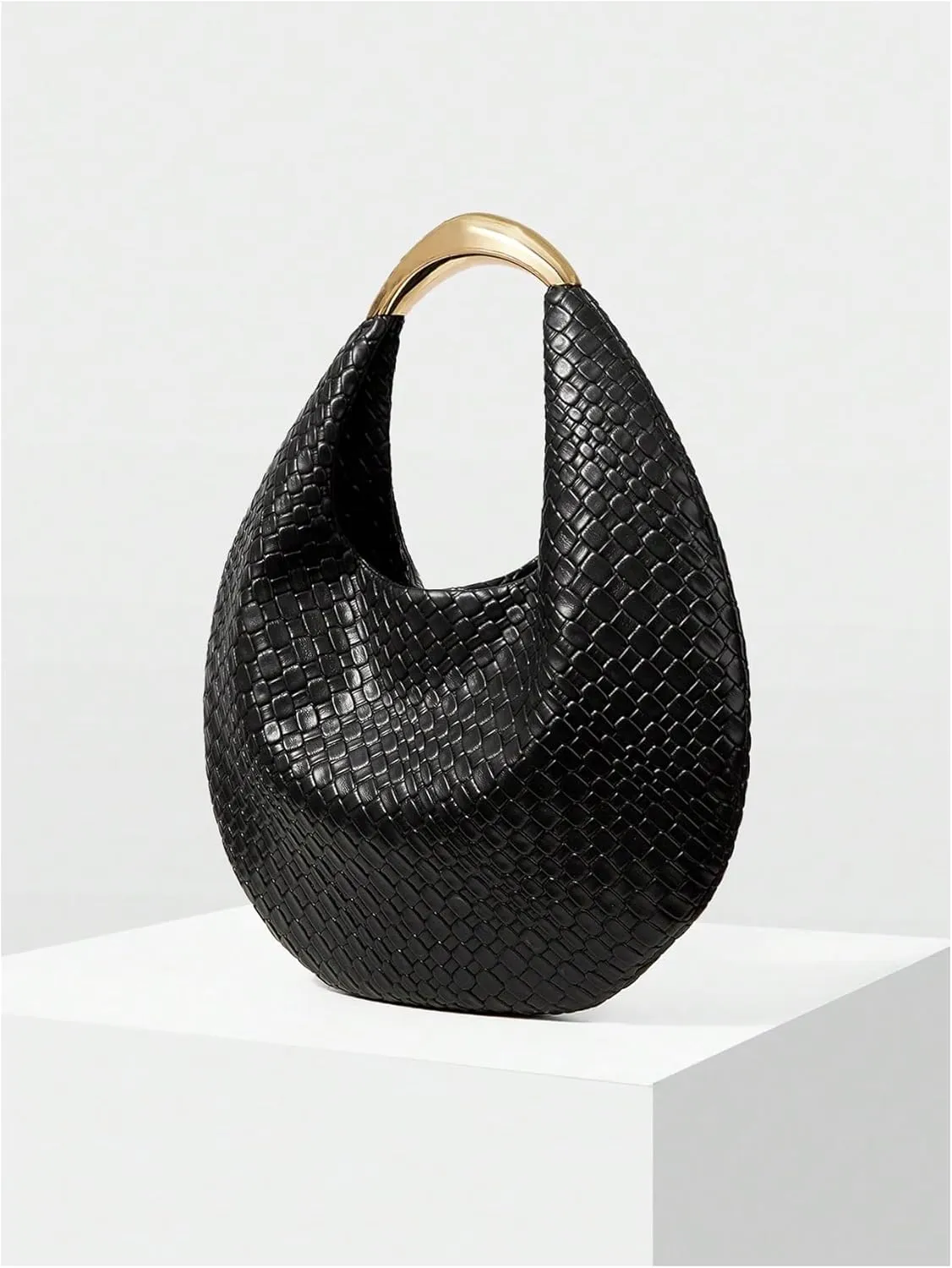 QWINEE Women's Woven Handbag Elegant Clutch Purse Metal Top Handle Cresent Evening Bag Retro PU Leather Clutch Purse