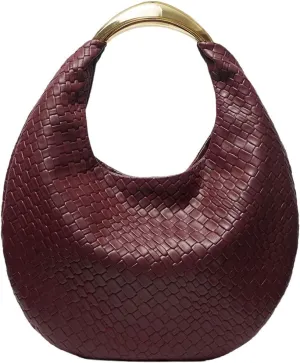 QWINEE Women's Woven Handbag Elegant Clutch Purse Metal Top Handle Cresent Evening Bag Retro PU Leather Clutch Purse