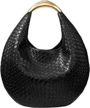 QWINEE Women's Woven Handbag Elegant Clutch Purse Metal Top Handle Cresent Evening Bag Retro PU Leather Clutch Purse