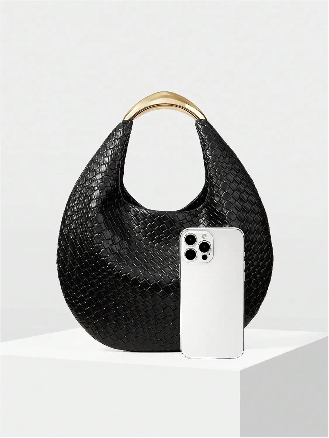QWINEE Women's Woven Handbag Elegant Clutch Purse Metal Top Handle Cresent Evening Bag Retro PU Leather Clutch Purse
