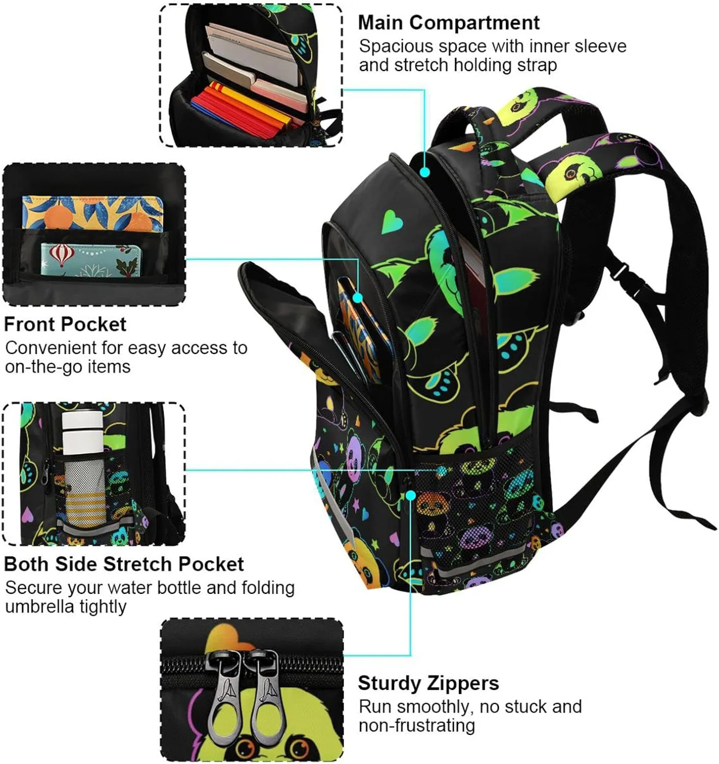 Rainbow Panda Bear Kids Backpack for Boys Girls Hearts Star Galaxy School Backpacks Preschool Toddler BookBags Kindergarten Elemetary School Bags