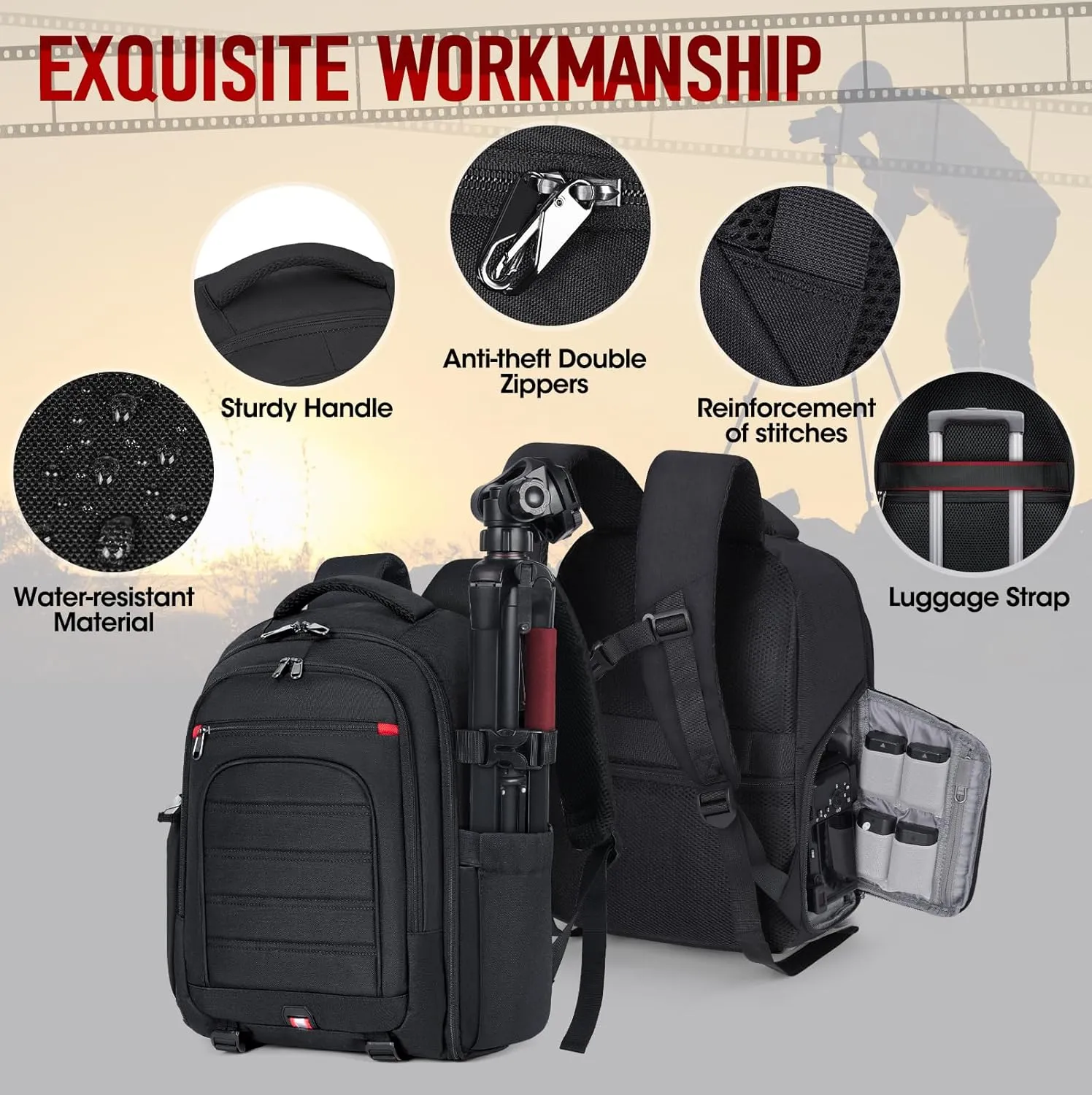 RAINSMORE Camera Backpack Camera Bag for DSLR/SLR Mirrorless 14 Inch Laptop Camera Backpack for Photographers Anti-theft Photography Bag with Rain Cover, Tripod Holder, Black
