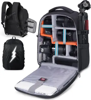 RAINSMORE Camera Backpack Camera Bag for DSLR/SLR Mirrorless 14 Inch Laptop Camera Backpack for Photographers Anti-theft Photography Bag with Rain Cover, Tripod Holder, Black
