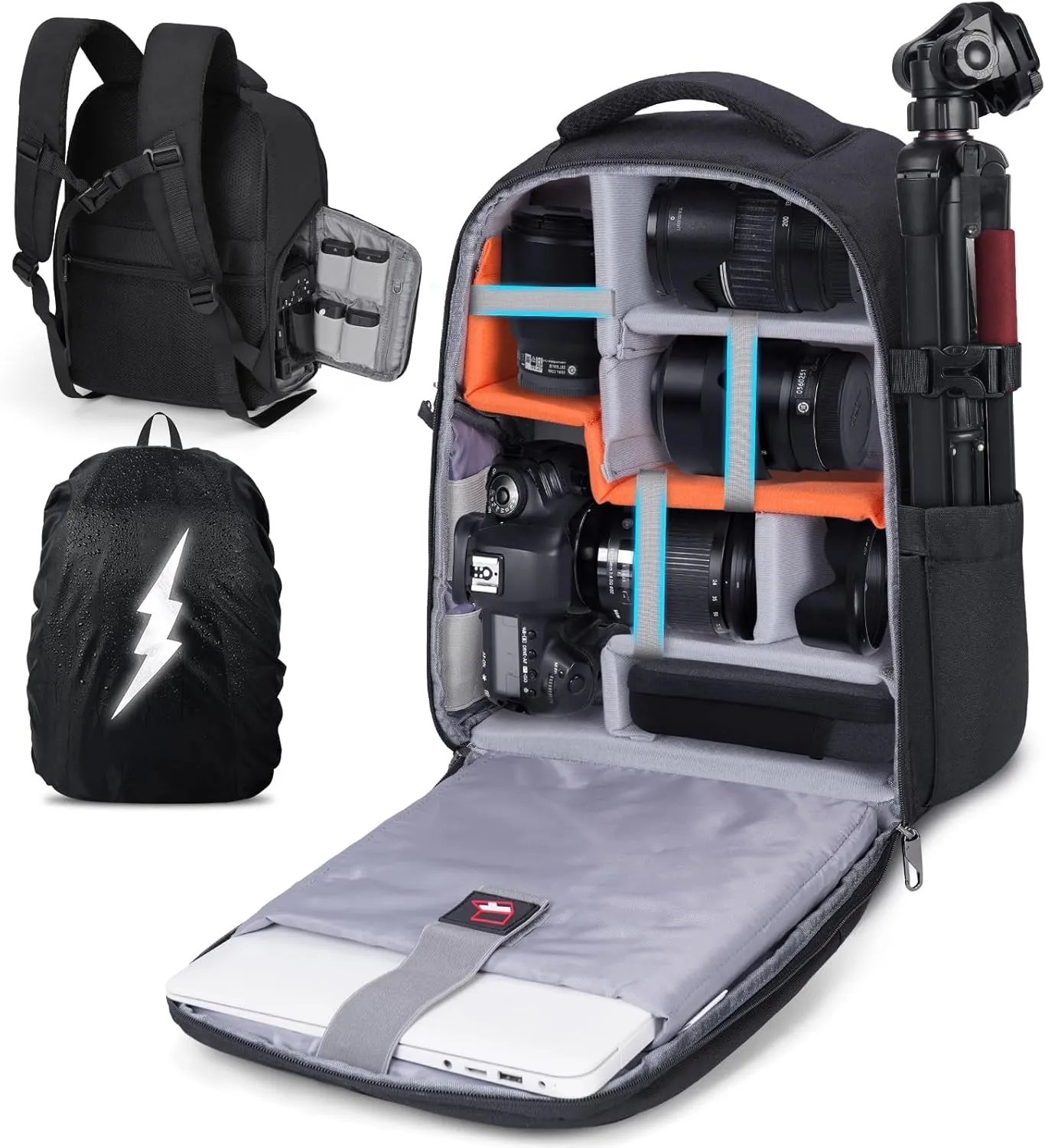 RAINSMORE Camera Backpack Camera Bag for DSLR/SLR Mirrorless 14 Inch Laptop Camera Backpack for Photographers Anti-theft Photography Bag with Rain Cover, Tripod Holder, Black