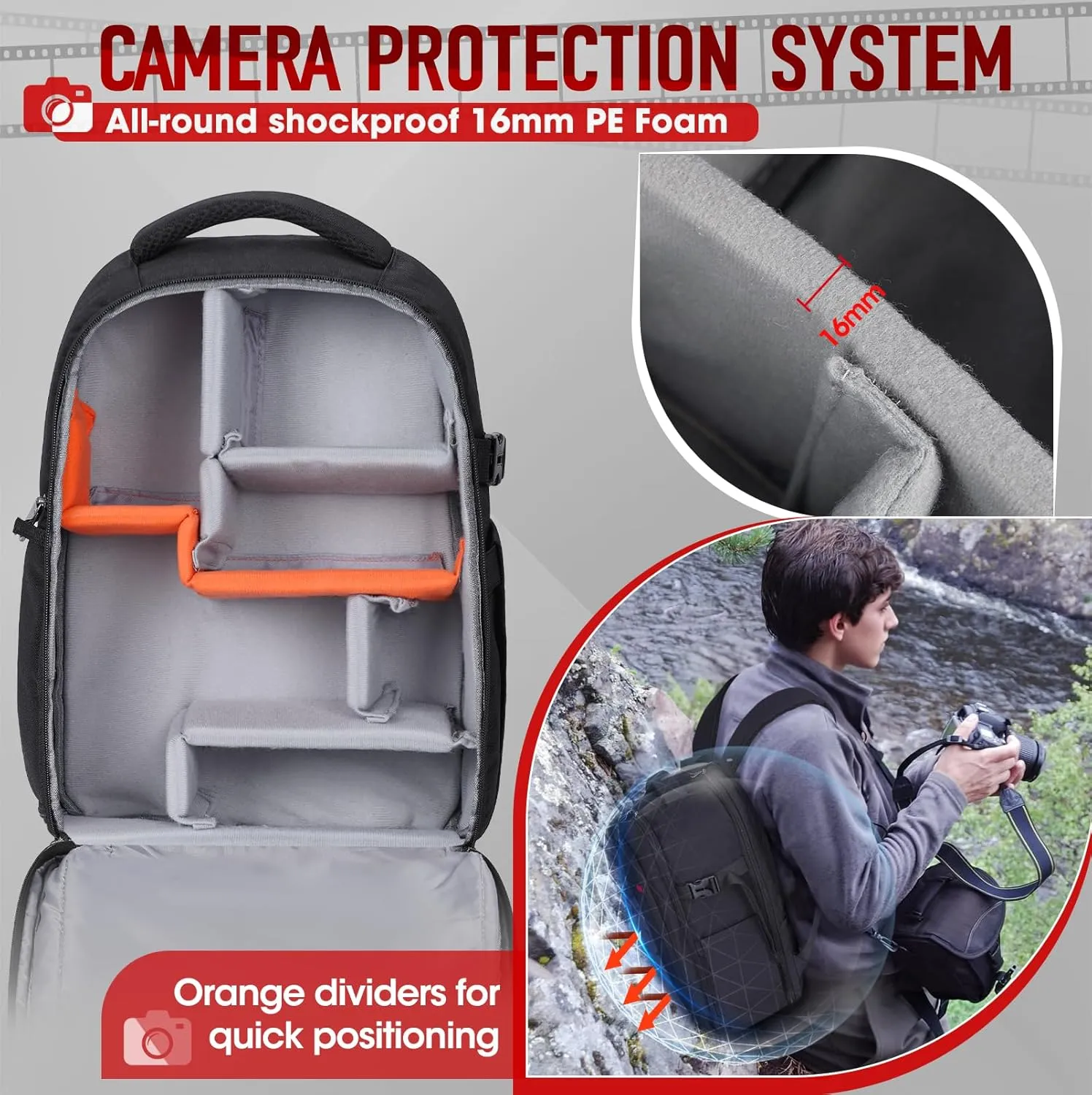 RAINSMORE Camera Backpack Camera Bag for DSLR/SLR Mirrorless 14 Inch Laptop Camera Backpack for Photographers Anti-theft Photography Bag with Rain Cover, Tripod Holder, Black