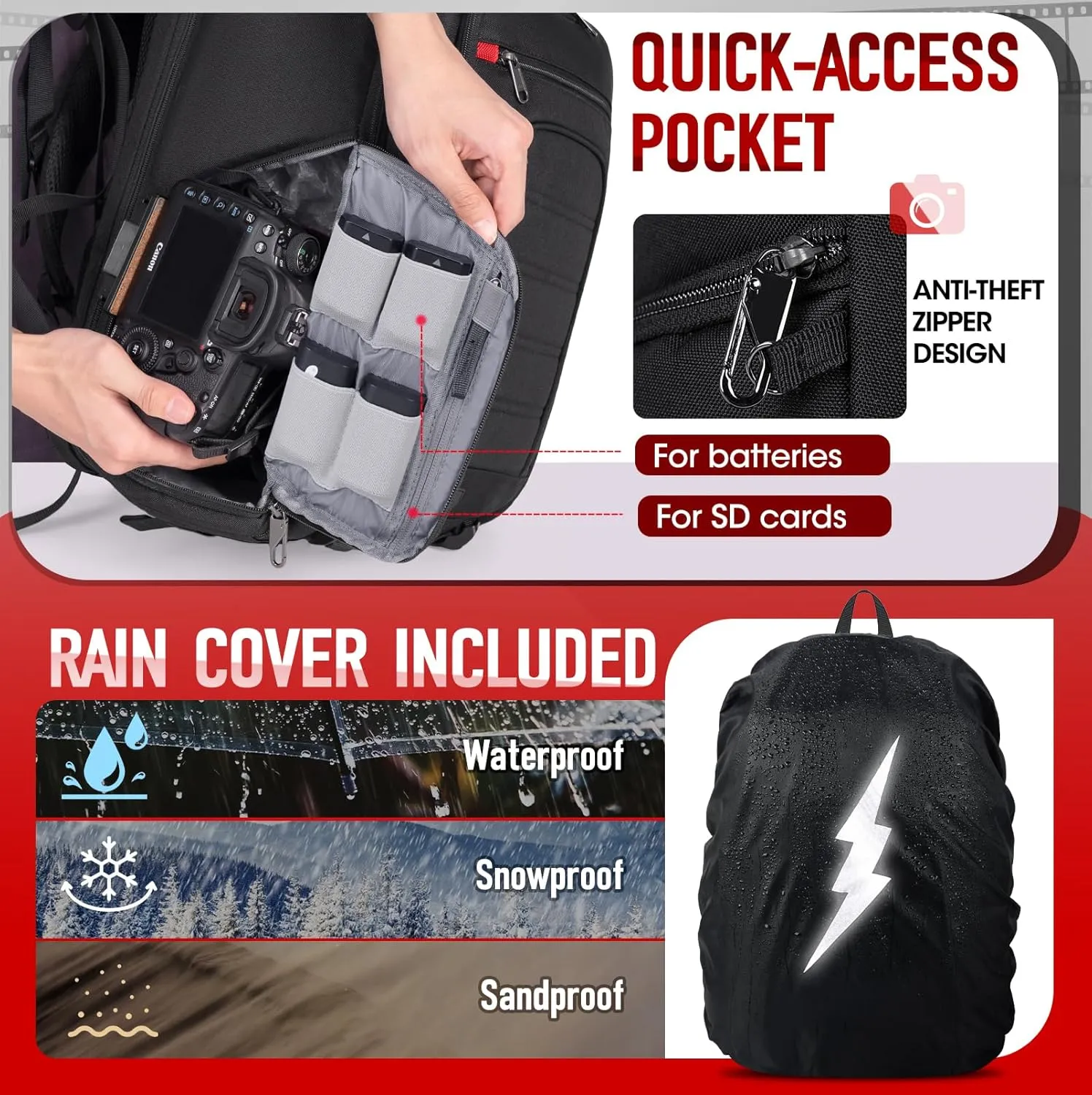 RAINSMORE Camera Backpack Camera Bag for DSLR/SLR Mirrorless 14 Inch Laptop Camera Backpack for Photographers Anti-theft Photography Bag with Rain Cover, Tripod Holder, Black