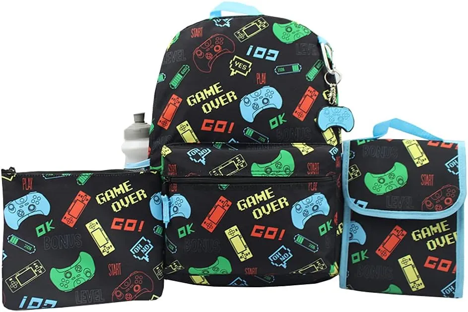 RALME Gaming Backpack Set for Kids, 16 inch, 6 Pieces - Includes Foldable Lunch Bag, Water Bottle, Key Chain, & Pencil Case