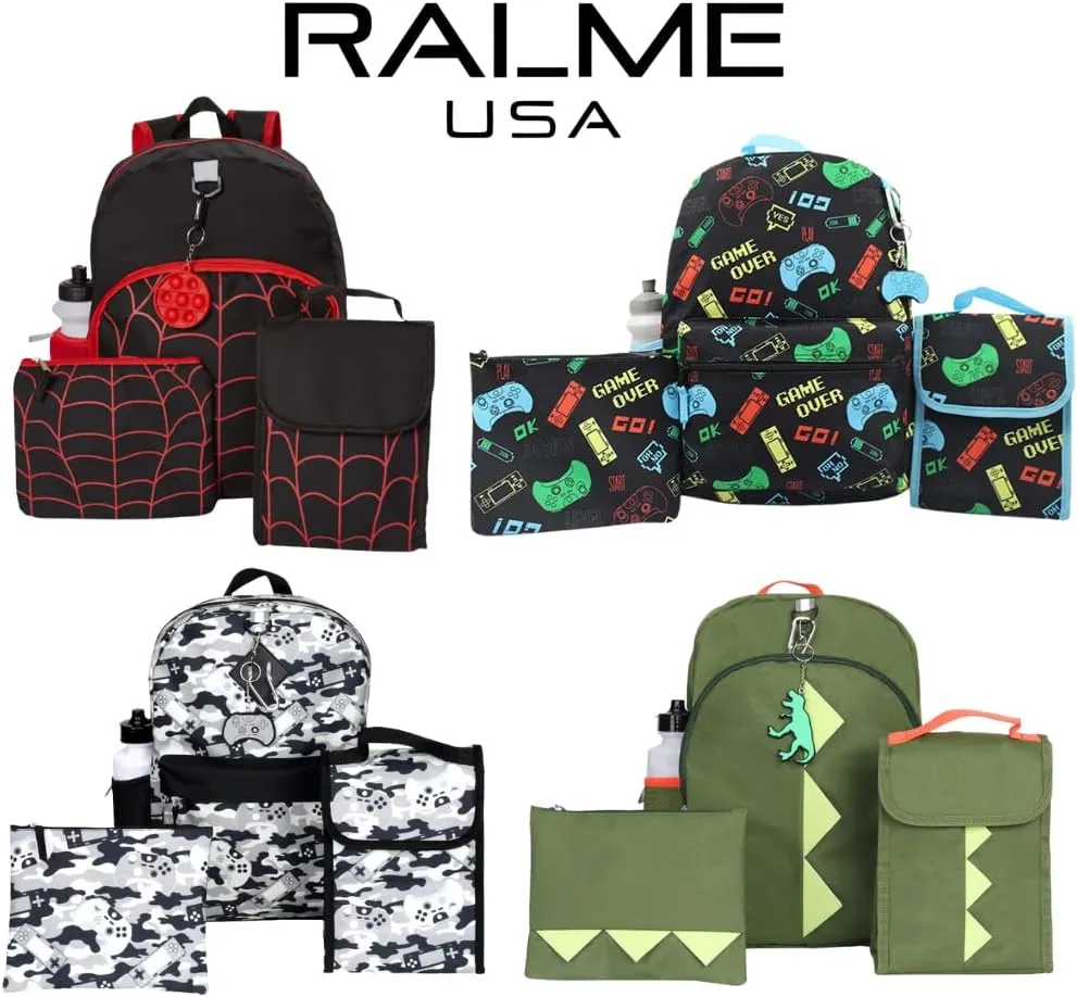 RALME Gaming Backpack Set for Kids, 16 inch, 6 Pieces - Includes Foldable Lunch Bag, Water Bottle, Key Chain, & Pencil Case