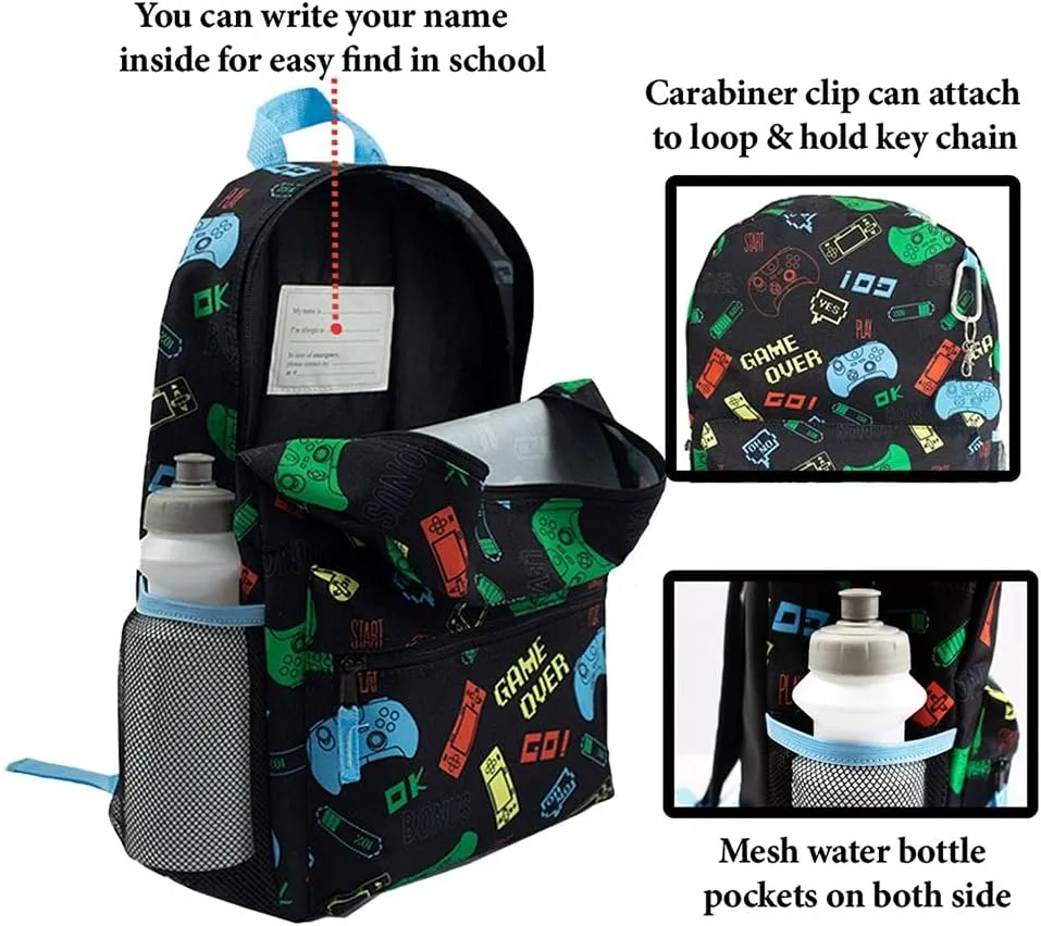 RALME Gaming Backpack Set for Kids, 16 inch, 6 Pieces - Includes Foldable Lunch Bag, Water Bottle, Key Chain, & Pencil Case