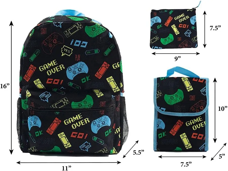 RALME Gaming Backpack Set for Kids, 16 inch, 6 Pieces - Includes Foldable Lunch Bag, Water Bottle, Key Chain, & Pencil Case