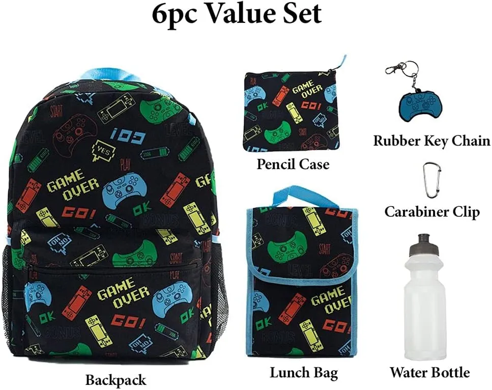RALME Gaming Backpack Set for Kids, 16 inch, 6 Pieces - Includes Foldable Lunch Bag, Water Bottle, Key Chain, & Pencil Case