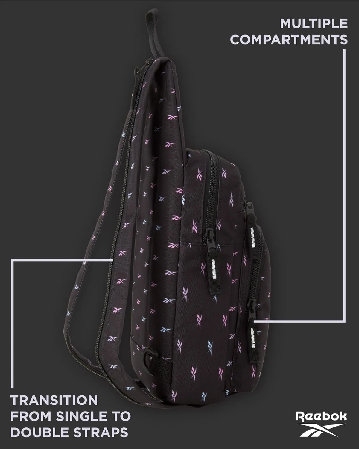 Reebok Men and Womens Crossbody Bag - Small Cross Body Bags for Women Backpack with Adjustable Strap for Travel and Gym, Black Print Cosmos