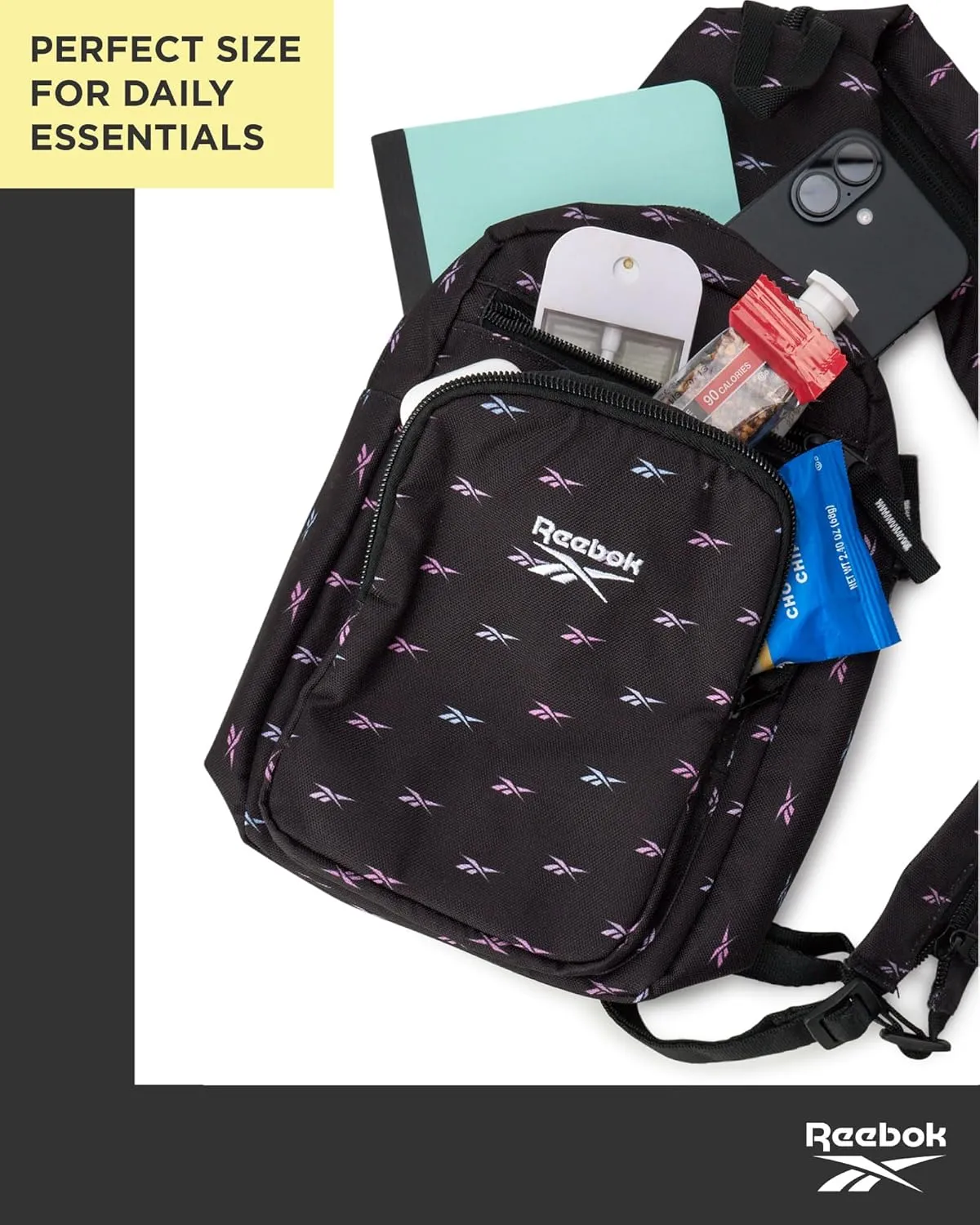 Reebok Men and Womens Crossbody Bag - Small Cross Body Bags for Women Backpack with Adjustable Strap for Travel and Gym, Black Print Cosmos