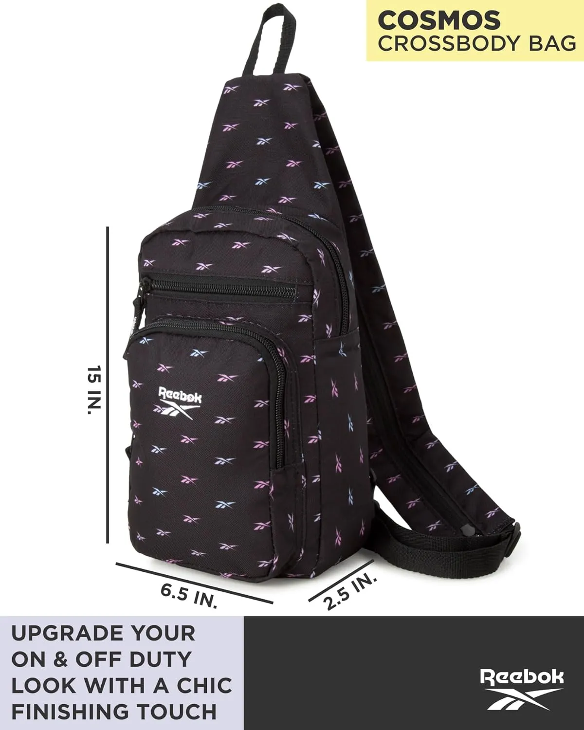 Reebok Men and Womens Crossbody Bag - Small Cross Body Bags for Women Backpack with Adjustable Strap for Travel and Gym, Black Print Cosmos