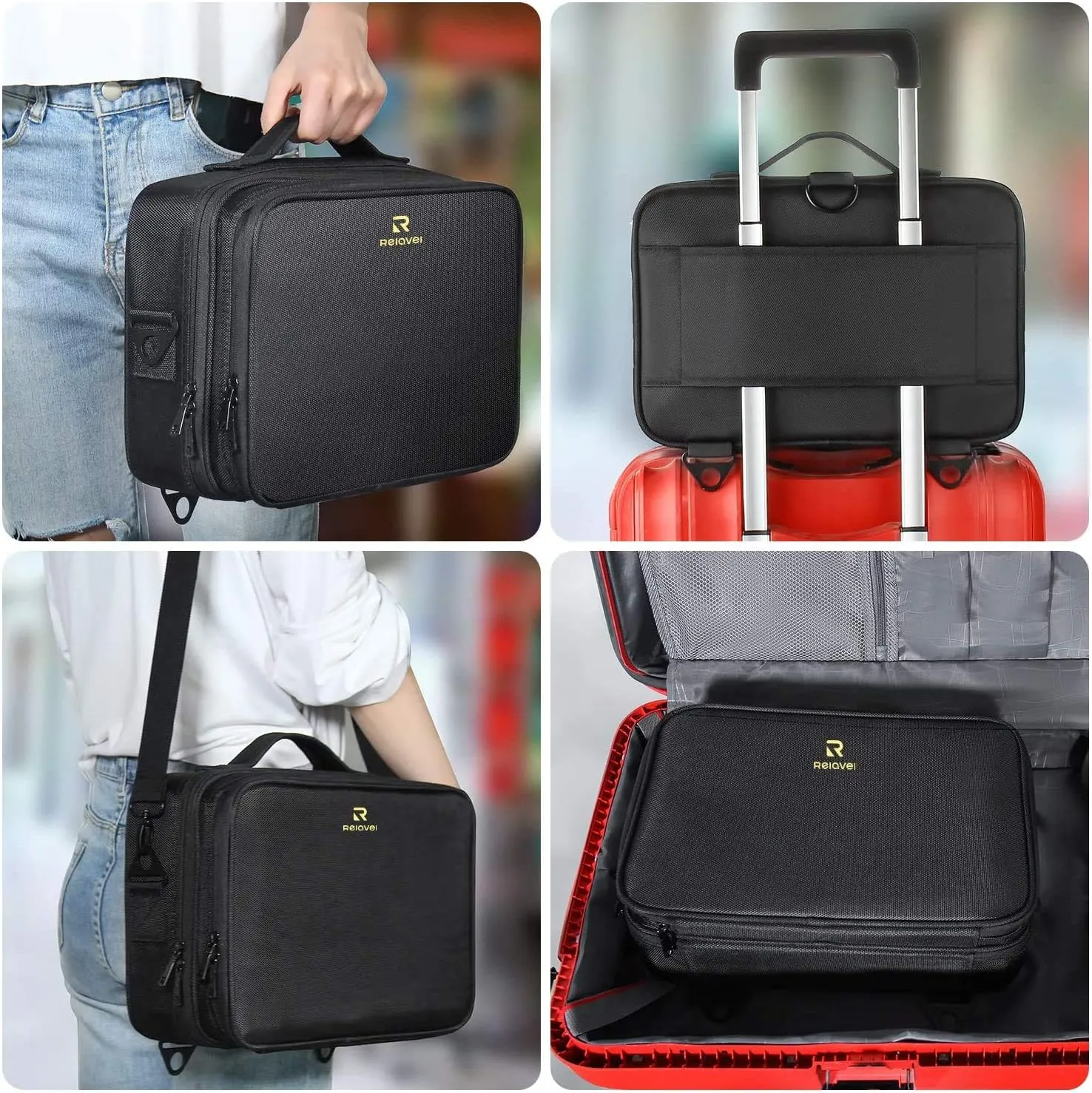 Relavel Travel Makeup Train Case Makeup Cosmetic Case Organizer Portable Artist Storage Bag with Adjustable Dividers for Cosmetics Makeup Brushes Toiletry (medium black)