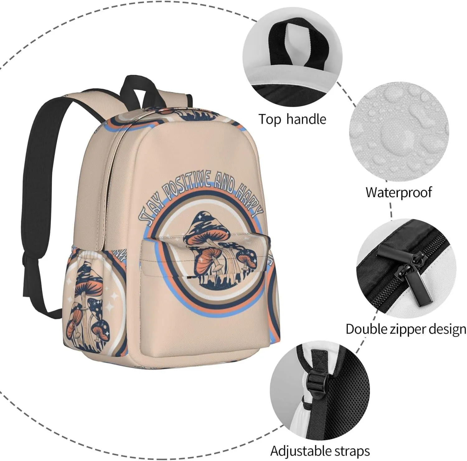 Retro Hippie Mushroom Stay Positive And Happy Laptop Backpack Shoulder Bag Laptop Pack Travel Backpacks Commuter Back Pack Casual Daypack Bags With Side Pockets