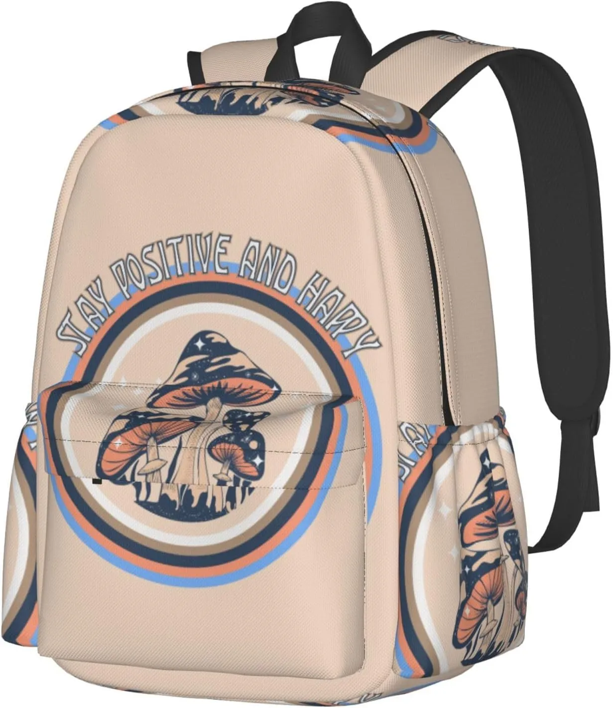 Retro Hippie Mushroom Stay Positive And Happy Laptop Backpack Shoulder Bag Laptop Pack Travel Backpacks Commuter Back Pack Casual Daypack Bags With Side Pockets