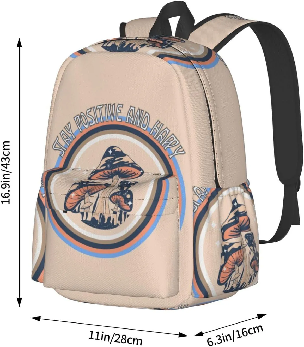Retro Hippie Mushroom Stay Positive And Happy Laptop Backpack Shoulder Bag Laptop Pack Travel Backpacks Commuter Back Pack Casual Daypack Bags With Side Pockets