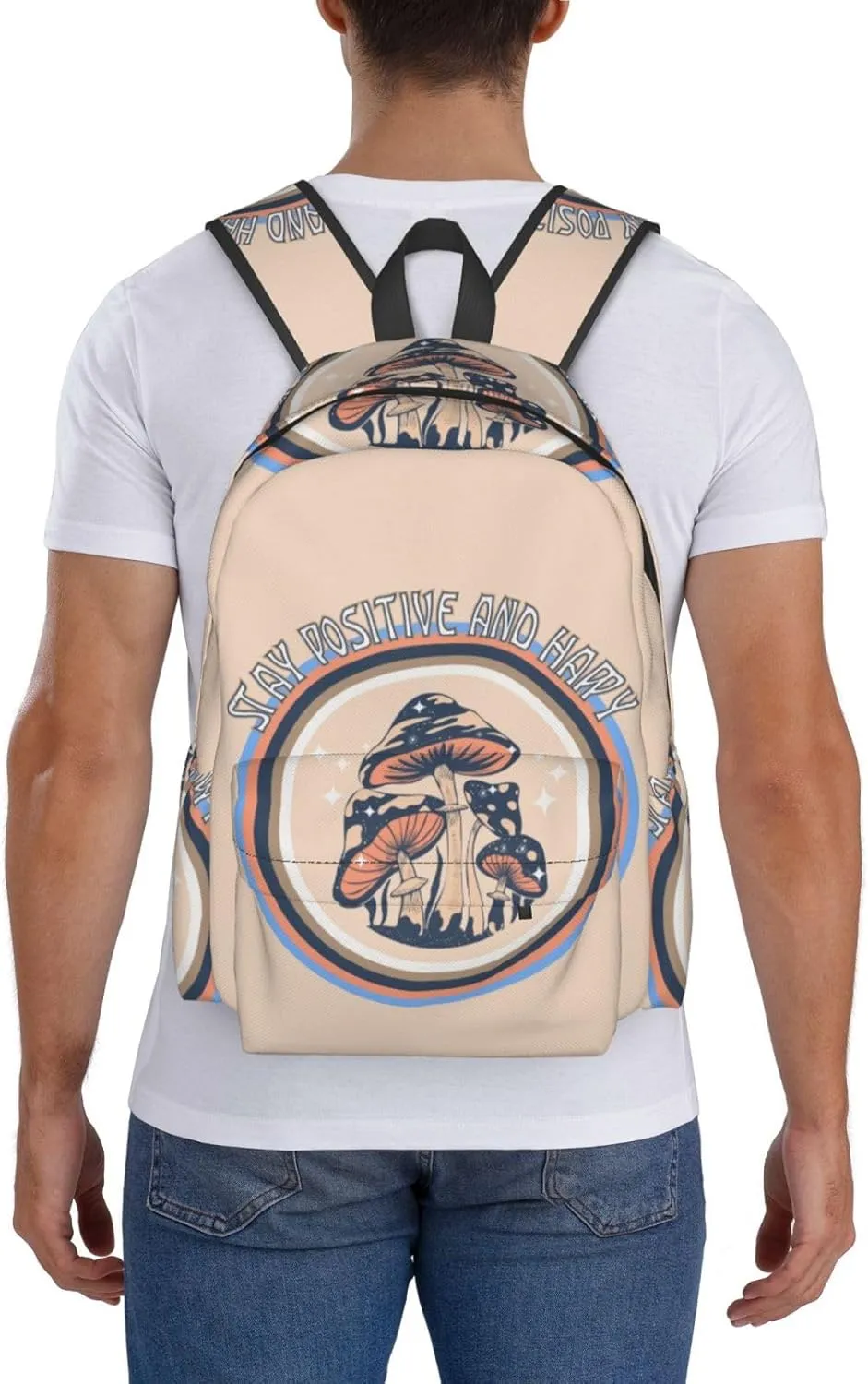 Retro Hippie Mushroom Stay Positive And Happy Laptop Backpack Shoulder Bag Laptop Pack Travel Backpacks Commuter Back Pack Casual Daypack Bags With Side Pockets