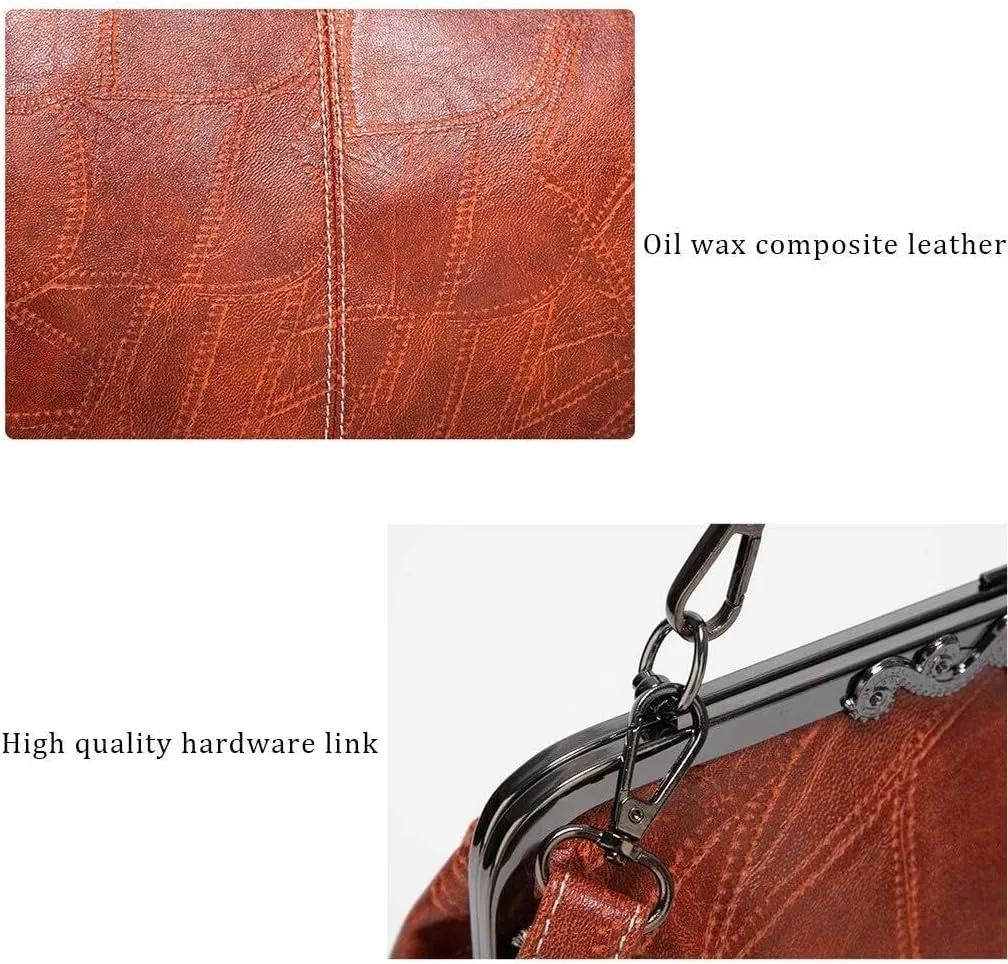 Retro Women Handbags Hollow Oil Wax PU Leather Handbag Kiss Lock Crossbody Purse Vintage Hobo Bags Messenger Bag Tote