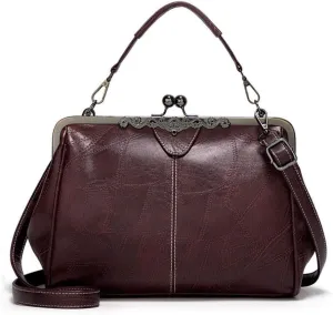 Retro Women Handbags Hollow Oil Wax PU Leather Handbag Kiss Lock Crossbody Purse Vintage Hobo Bags Messenger Bag Tote