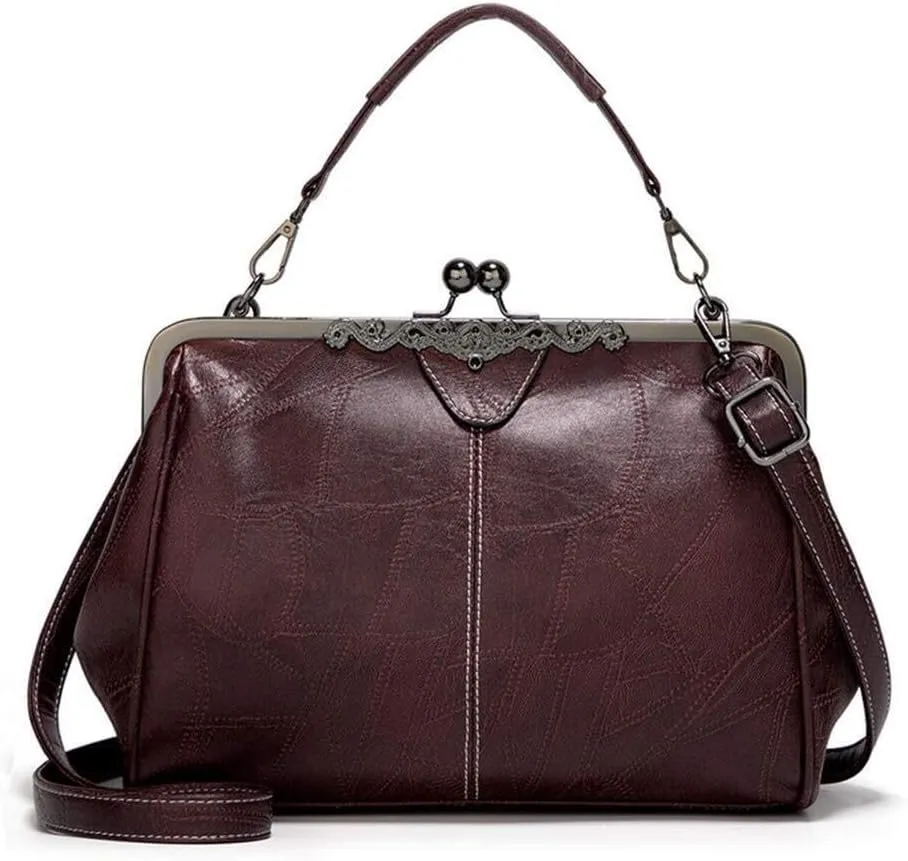 Retro Women Handbags Hollow Oil Wax PU Leather Handbag Kiss Lock Crossbody Purse Vintage Hobo Bags Messenger Bag Tote