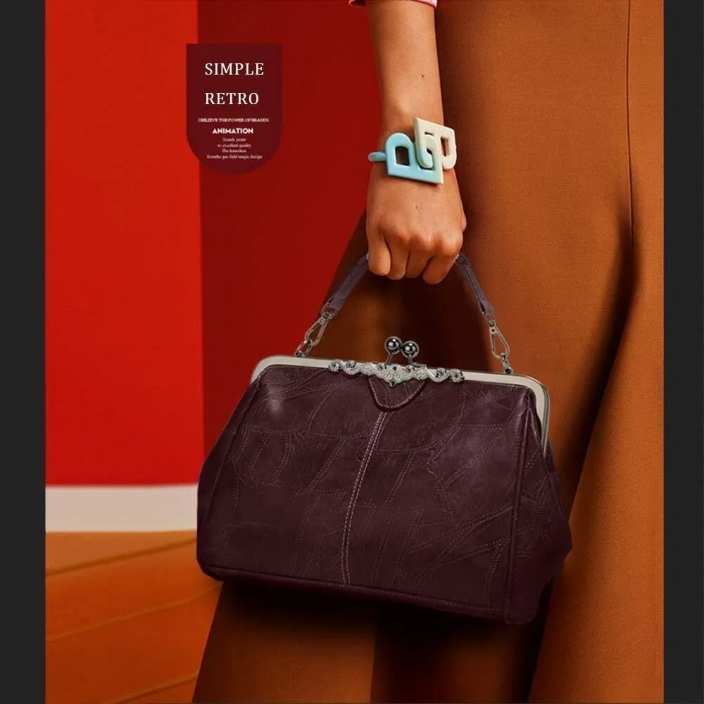 Retro Women Handbags Hollow Oil Wax PU Leather Handbag Kiss Lock Crossbody Purse Vintage Hobo Bags Messenger Bag Tote