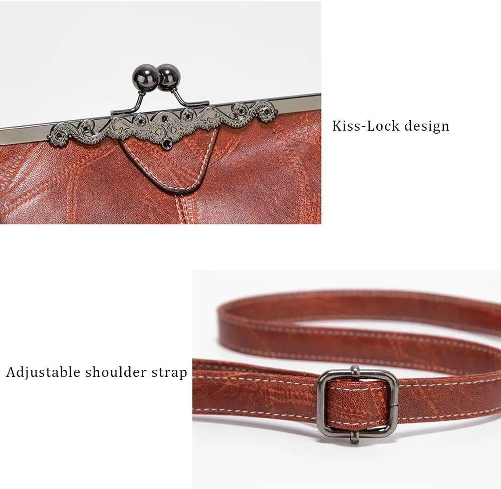 Retro Women Handbags Hollow Oil Wax PU Leather Handbag Kiss Lock Crossbody Purse Vintage Hobo Bags Messenger Bag Tote