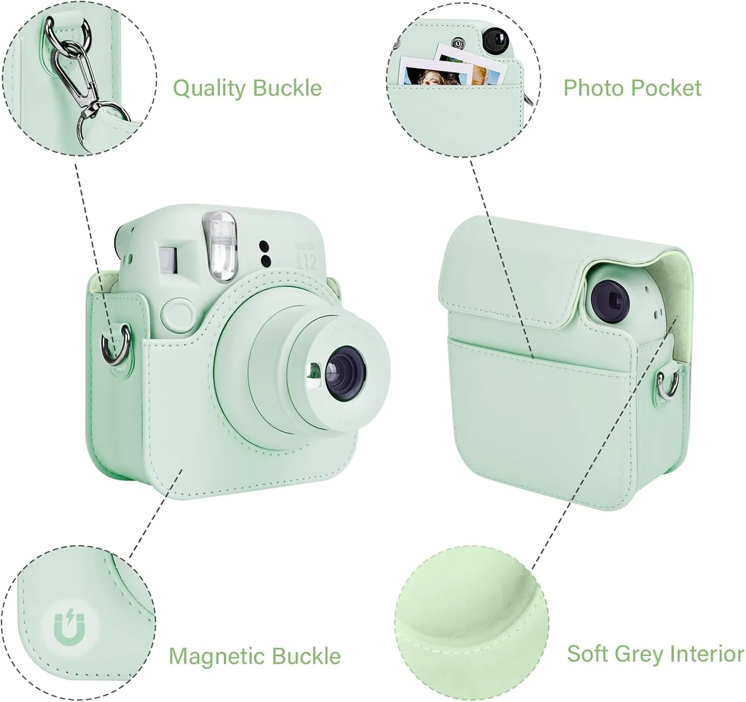 Rieibi Camera Case for Fuji Instax Mini 12 - PU Leather Protective Case for Fujifilm Instax Mini 12 Instant Camera - Removable Case with Adjustable Shoulder Strap - Green