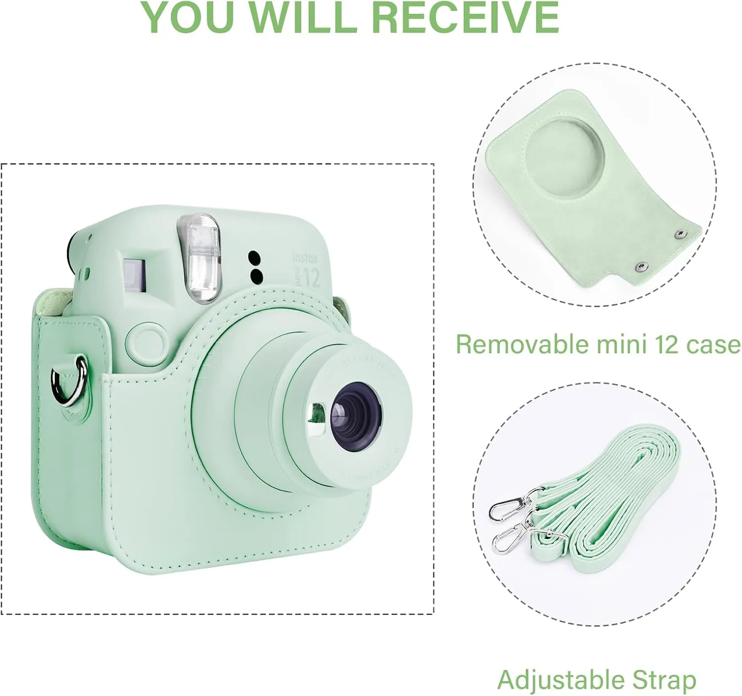 Rieibi Camera Case for Fuji Instax Mini 12 - PU Leather Protective Case for Fujifilm Instax Mini 12 Instant Camera - Removable Case with Adjustable Shoulder Strap - Green