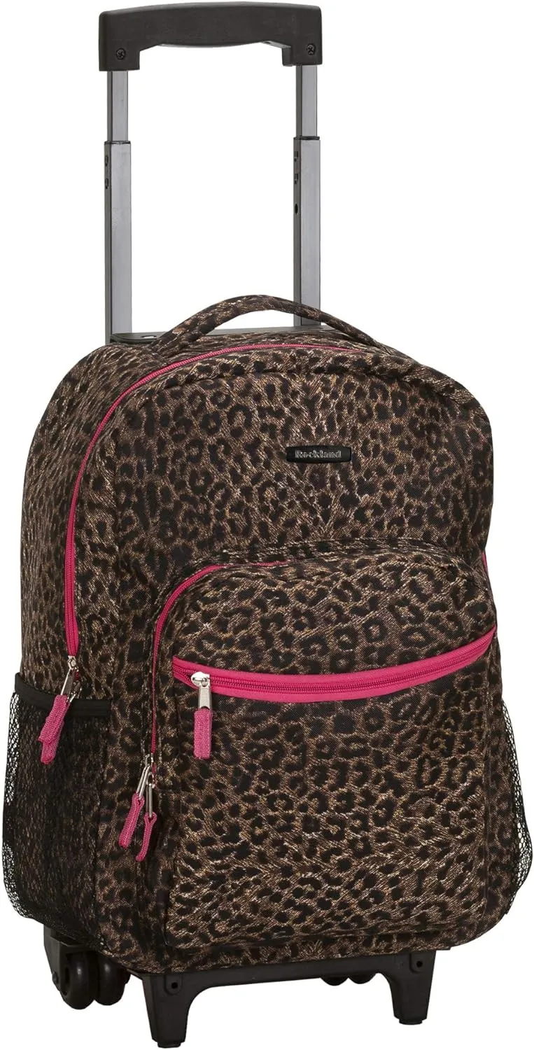 Rockland Double Handle Rolling Backpack, PINKLEOPARD, 17-Inch