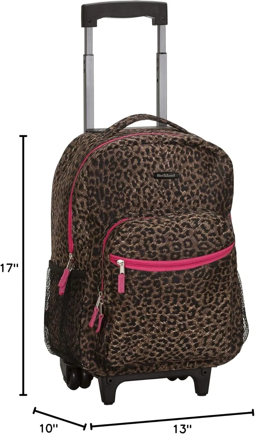 Rockland Double Handle Rolling Backpack, PINKLEOPARD, 17-Inch