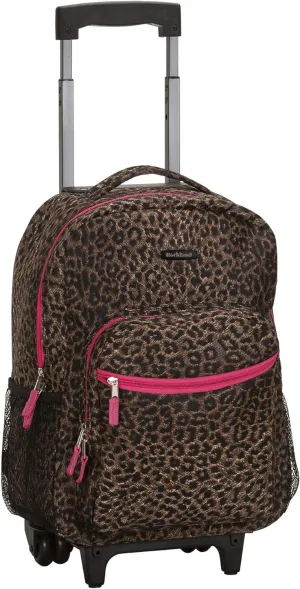 Rockland Double Handle Rolling Backpack, PINKLEOPARD, 17-Inch