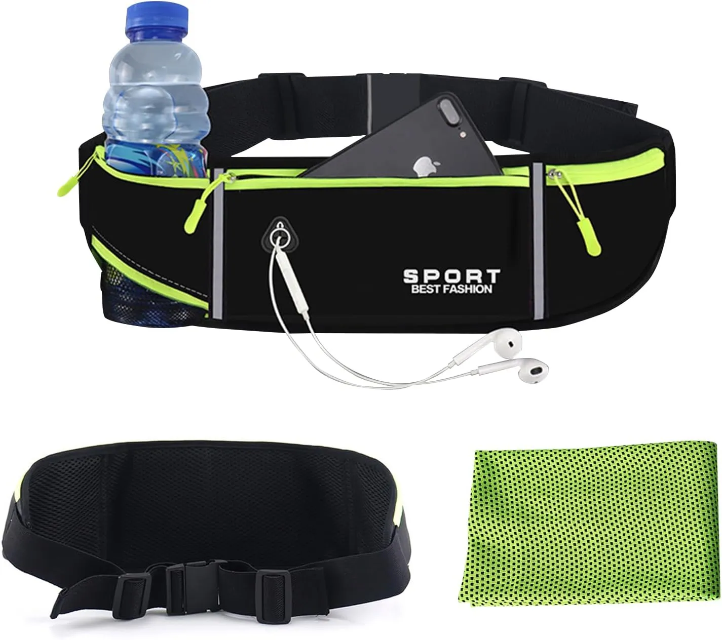 Running Belt Waist Pack Bag,Multifunction Running Bag - Running Belt Pack with Water Bottle, Waterproof Running Phone Holder Slim Plus Size Adjustable with Sweat Absorbing Towels.