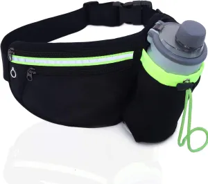 Running Belt Waist Pack with Water Bottle Holder Reflective Fanny Pack with Adjustable Straps Sport Pouch Belt for Fitness Jogging Hiking Travel-Black