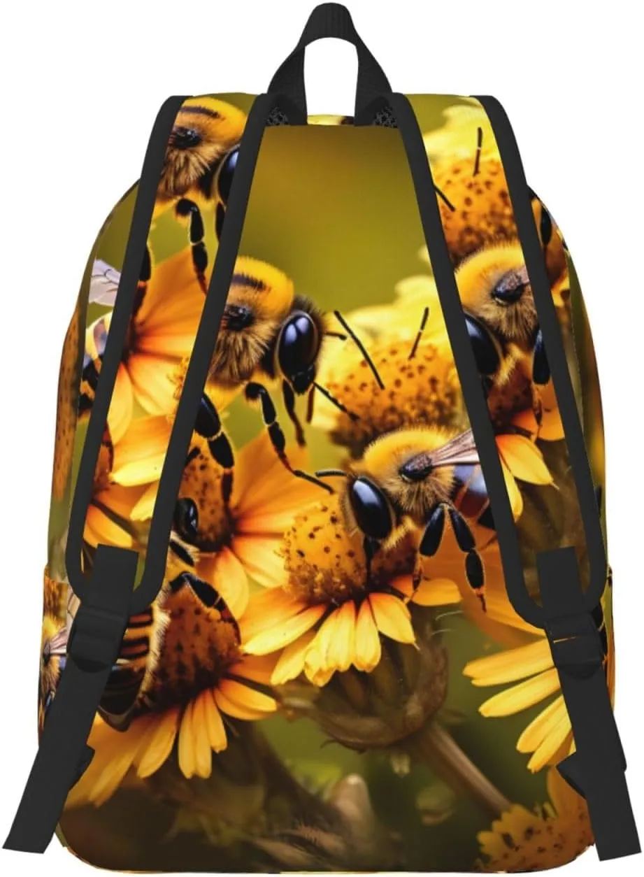 Rural Honey Bees Flowers Canvas Backpack For Men Women,Casual Rucksack Backpack, Laptop College Hiking Travel Bag