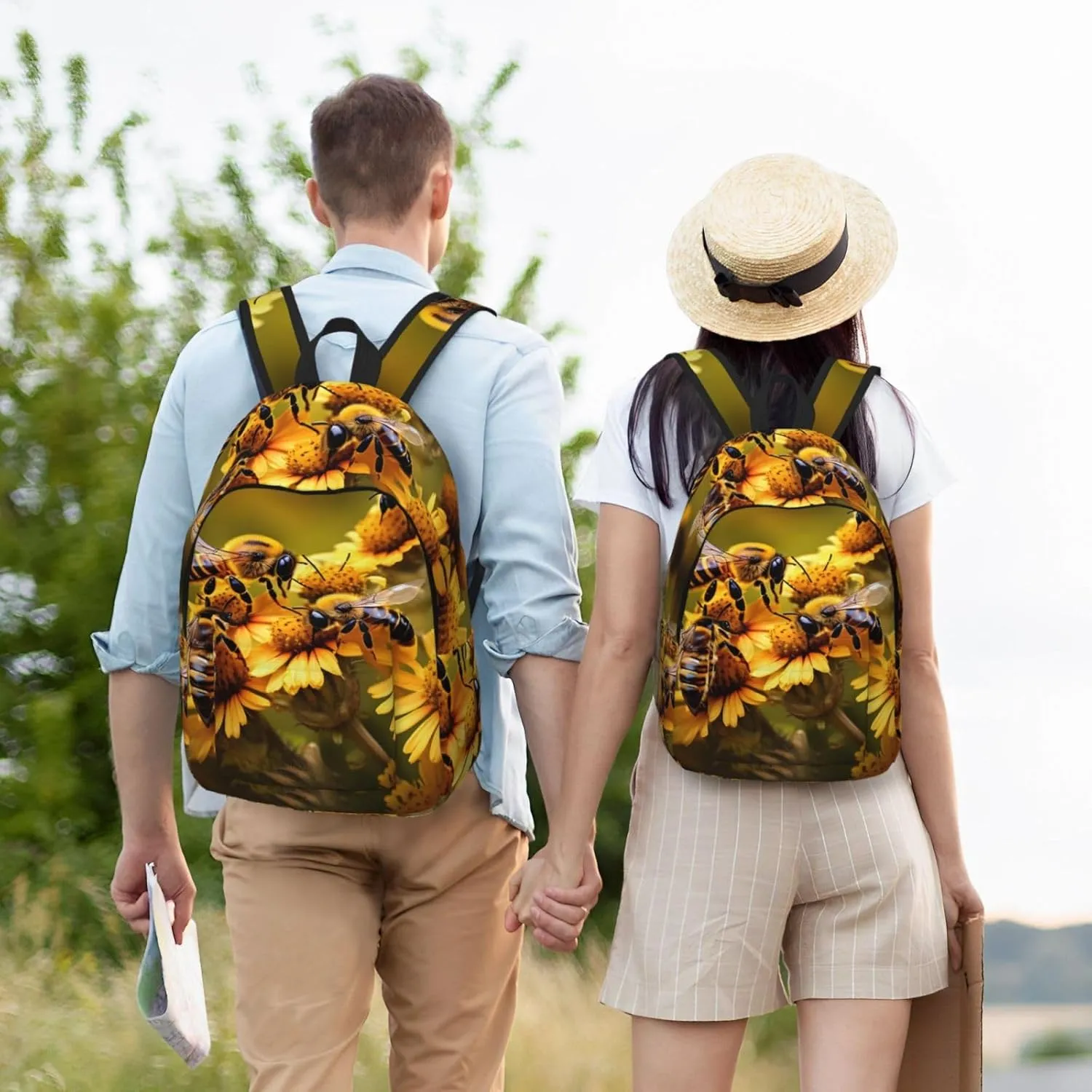 Rural Honey Bees Flowers Canvas Backpack For Men Women,Casual Rucksack Backpack, Laptop College Hiking Travel Bag