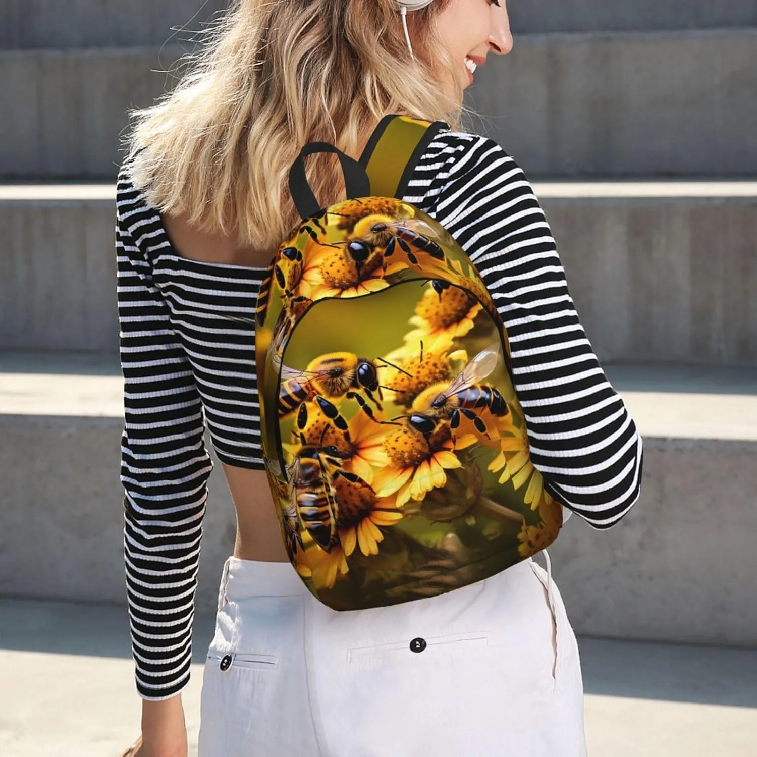 Rural Honey Bees Flowers Canvas Backpack For Men Women,Casual Rucksack Backpack, Laptop College Hiking Travel Bag