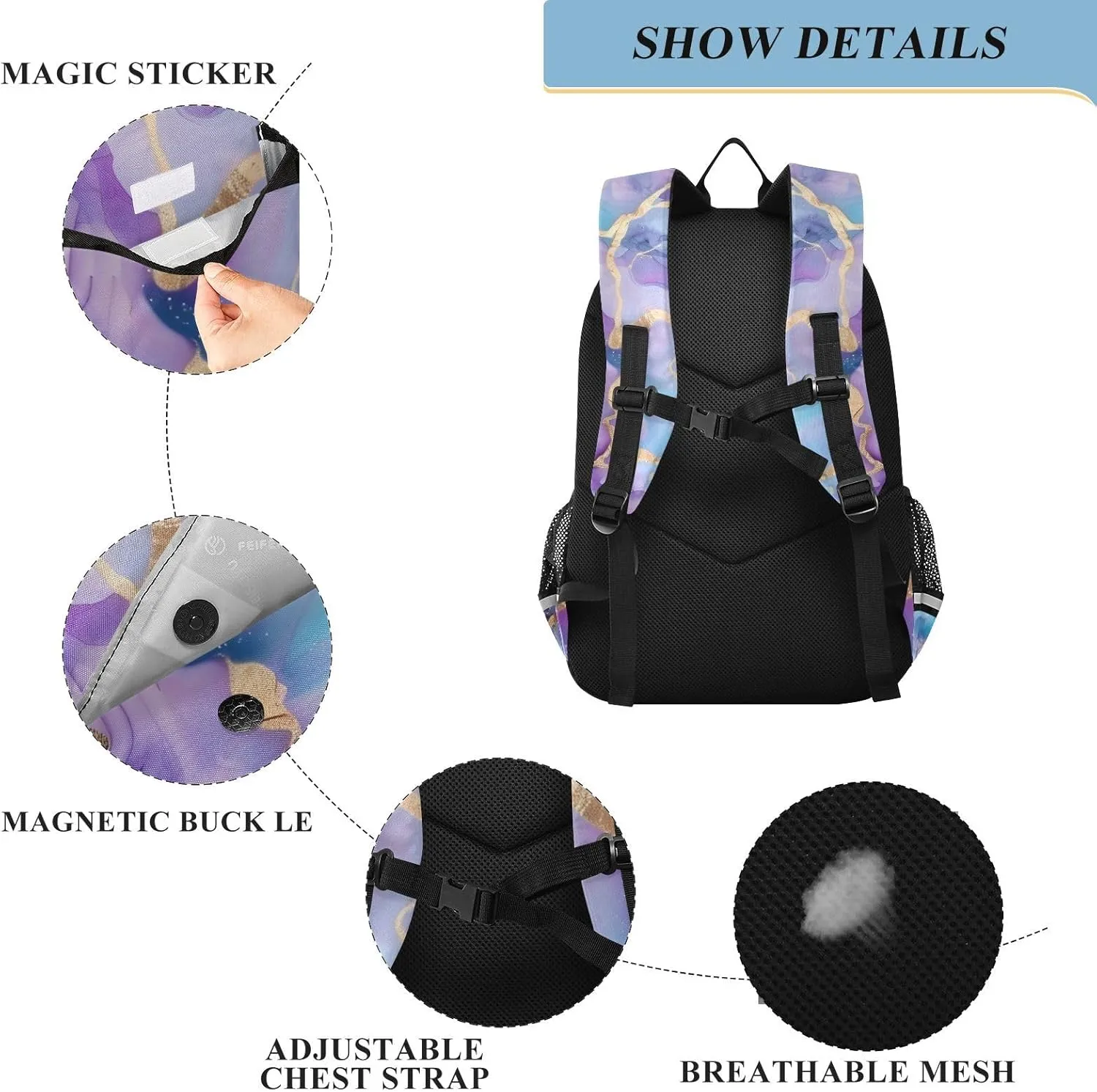senya School Backpack Kids College Rucksack Travel Bookbag Fashion Back Pack Girls Boys Marble Watercolor Blue Purple