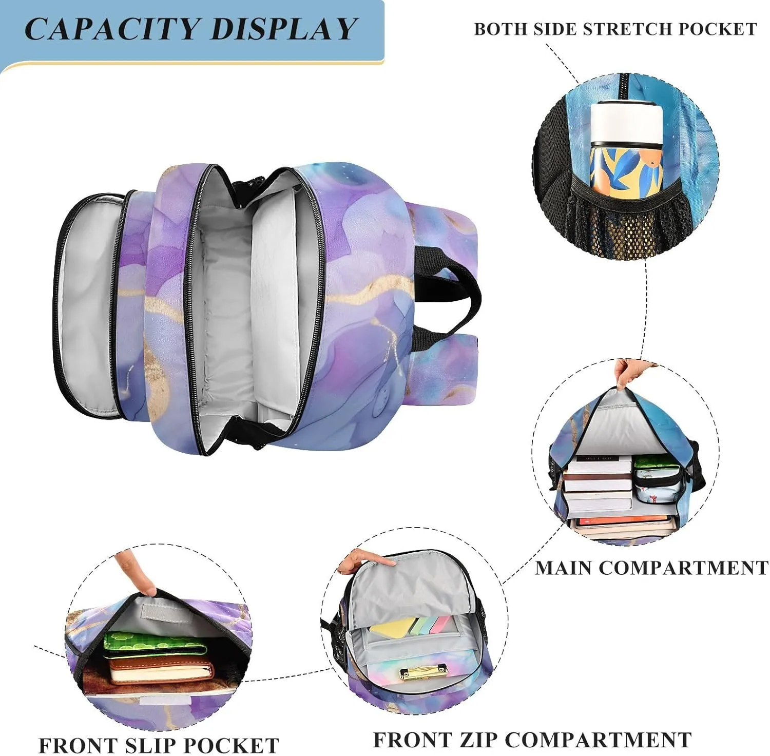 senya School Backpack Kids College Rucksack Travel Bookbag Fashion Back Pack Girls Boys Marble Watercolor Blue Purple