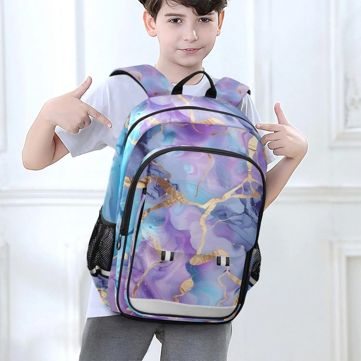senya School Backpack Kids College Rucksack Travel Bookbag Fashion Back Pack Girls Boys Marble Watercolor Blue Purple