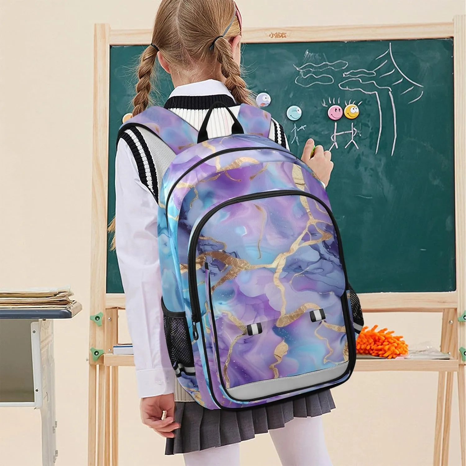 senya School Backpack Kids College Rucksack Travel Bookbag Fashion Back Pack Girls Boys Marble Watercolor Blue Purple