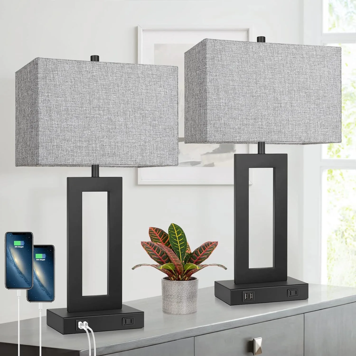 Set of 2 Modern Touch Control Table Lamps with 2 USB Ports, 22’’ Large Bedside Nightstand Lamps 3-Way Dimmable Desk Lamp With Grey Fabric Shade For Bedrooms Living Room Reading, 2 LED Bulbs Included