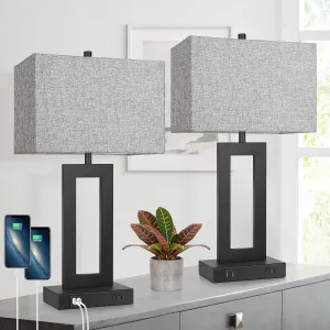 Set of 2 Modern Touch Control Table Lamps with 2 USB Ports, 22’’ Large Bedside Nightstand Lamps 3-Way Dimmable Desk Lamp With Grey Fabric Shade For Bedrooms Living Room Reading, 2 LED Bulbs Included
