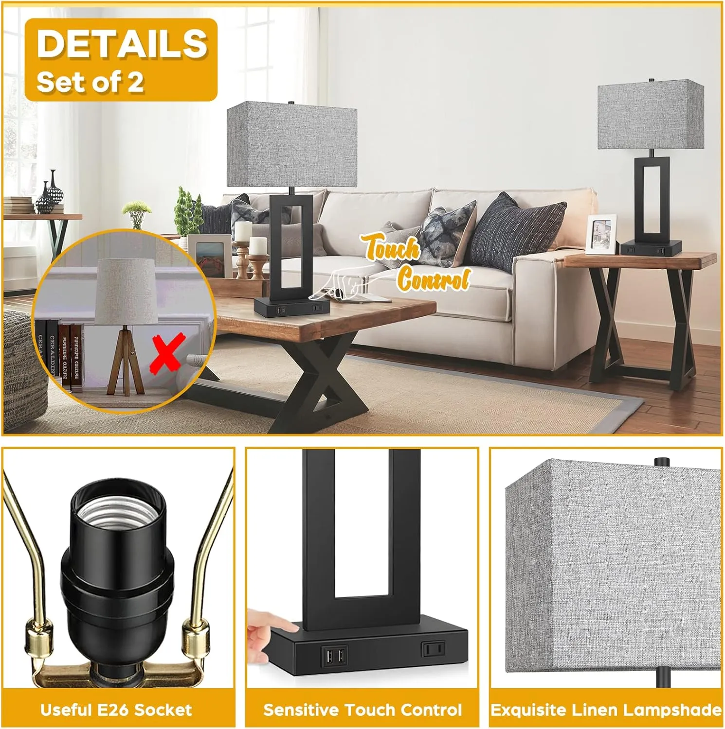Set of 2 Modern Touch Control Table Lamps with 2 USB Ports, 22’’ Large Bedside Nightstand Lamps 3-Way Dimmable Desk Lamp With Grey Fabric Shade For Bedrooms Living Room Reading, 2 LED Bulbs Included