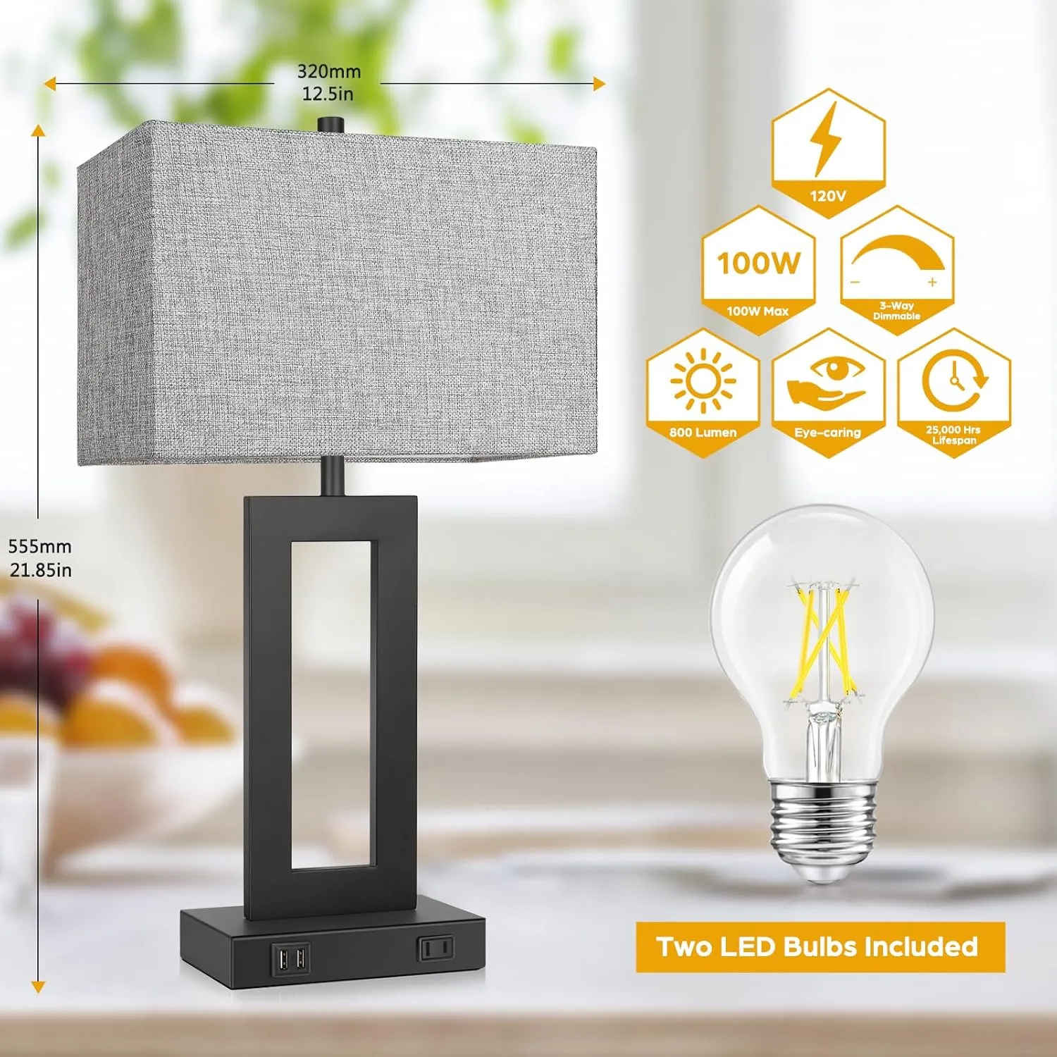 Set of 2 Modern Touch Control Table Lamps with 2 USB Ports, 22’’ Large Bedside Nightstand Lamps 3-Way Dimmable Desk Lamp With Grey Fabric Shade For Bedrooms Living Room Reading, 2 LED Bulbs Included