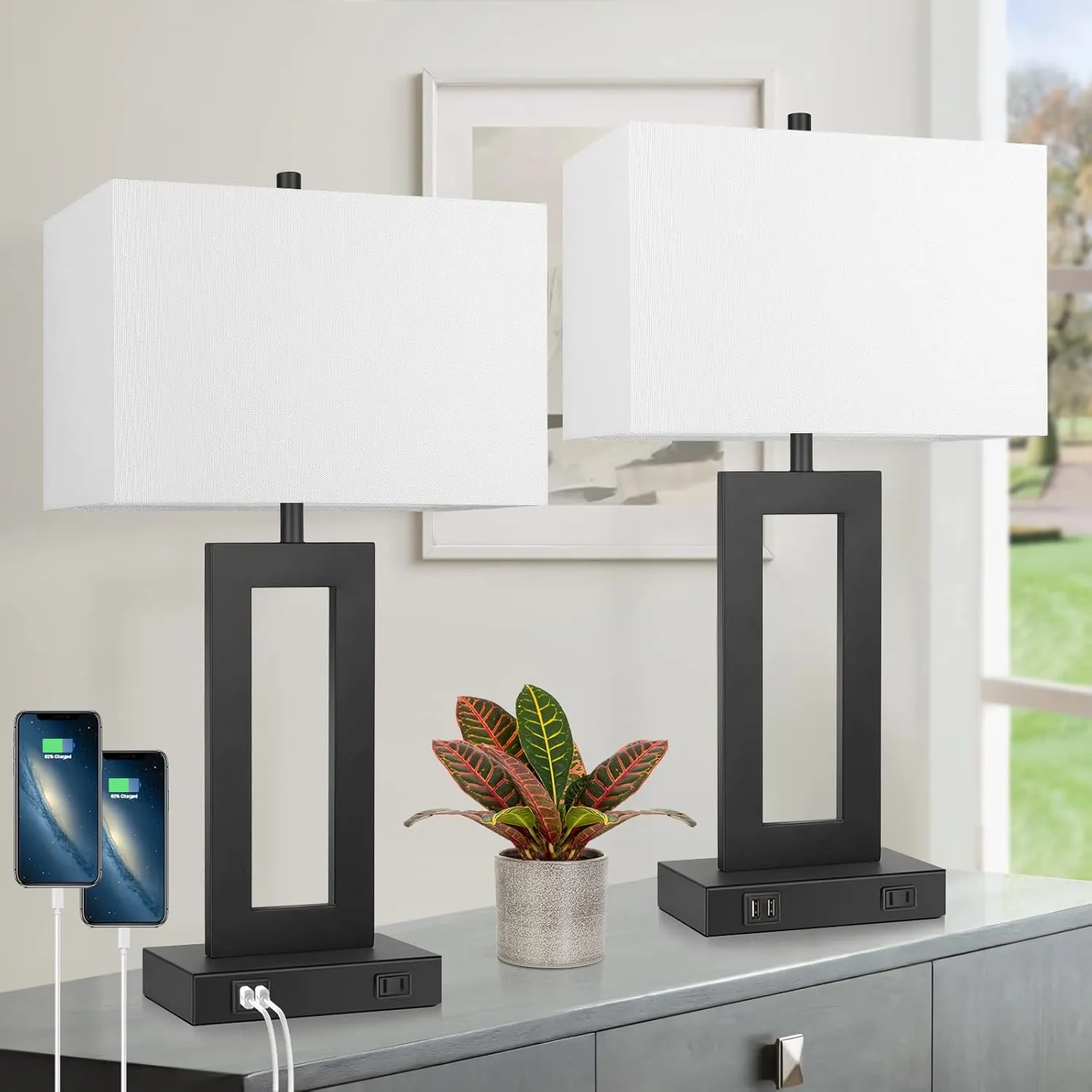 Set of 2 Modern Touch Control Table Lamps with 2 USB Ports, 22’’ Large Bedside Nightstand Lamps 3-Way Dimmable Desk Lamp With White Fabric Shade For Bedrooms Living Room Reading, 2 LED Bulbs Included