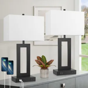 Set of 2 Modern Touch Control Table Lamps with 2 USB Ports, 22’’ Large Bedside Nightstand Lamps 3-Way Dimmable Desk Lamp With White Fabric Shade For Bedrooms Living Room Reading, 2 LED Bulbs Included